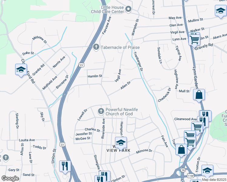map of restaurants, bars, coffee shops, grocery stores, and more near 1409 Fairview Avenue in Kingsport
