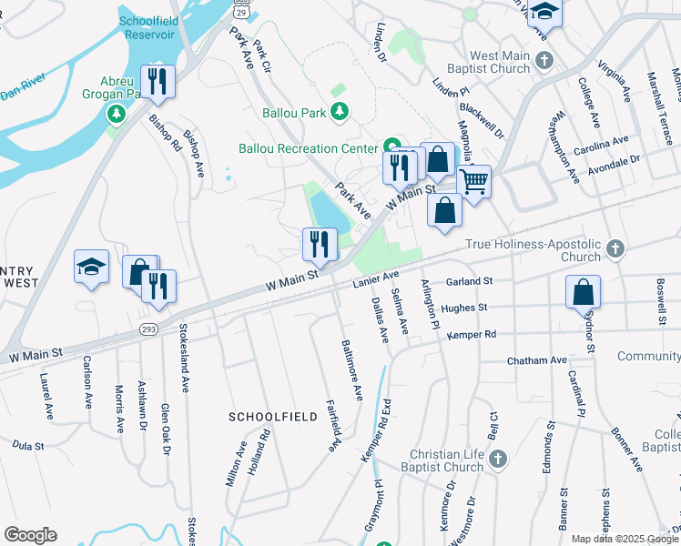 map of restaurants, bars, coffee shops, grocery stores, and more near 917 West Main Street in Danville