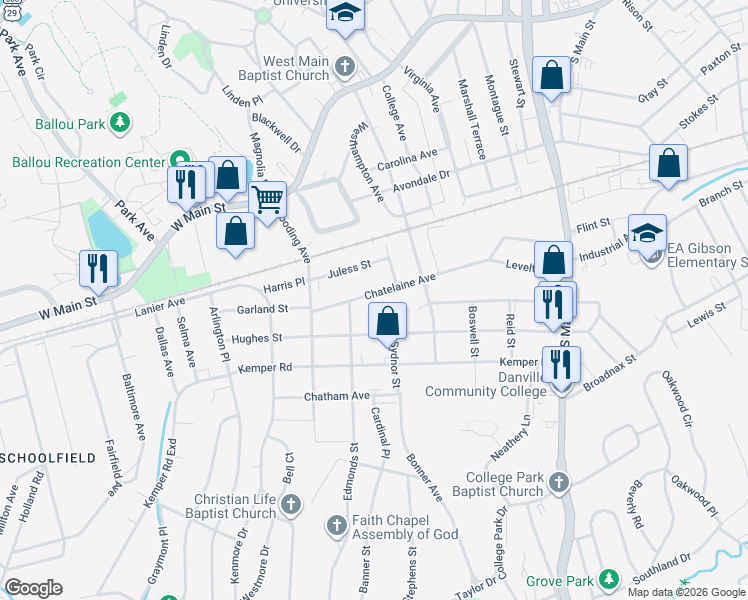 map of restaurants, bars, coffee shops, grocery stores, and more near 508 Hughes Street in Danville