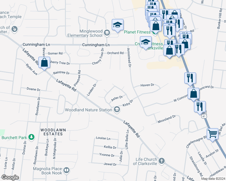 map of restaurants, bars, coffee shops, grocery stores, and more near 579 Waldorf Drive in Clarksville