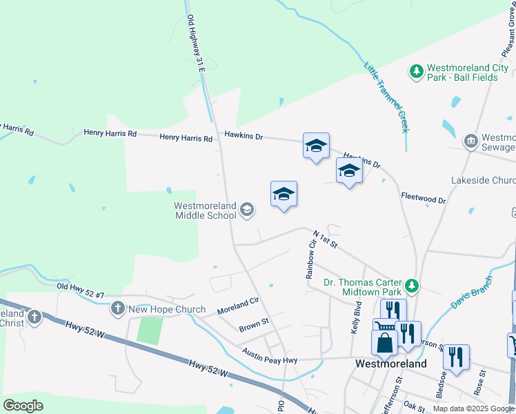 map of restaurants, bars, coffee shops, grocery stores, and more near 4128 Hawkins Drive in Westmoreland