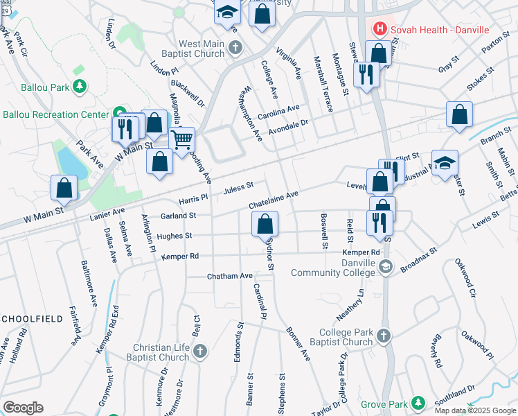 map of restaurants, bars, coffee shops, grocery stores, and more near 344 Chatelaine Avenue in Danville