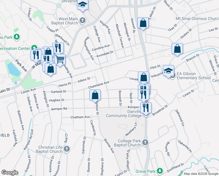 map of restaurants, bars, coffee shops, grocery stores, and more near 237 Chatelaine Avenue in Danville