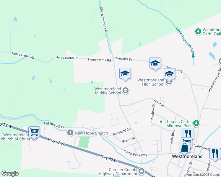 map of restaurants, bars, coffee shops, grocery stores, and more near 2127 Old Highway 31 East in Westmoreland