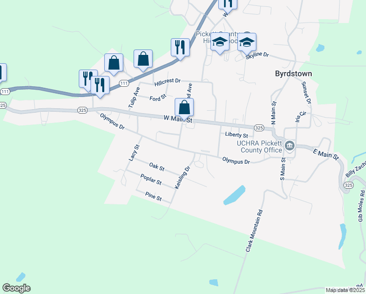 map of restaurants, bars, coffee shops, grocery stores, and more near 500 Crestwood Avenue in Byrdstown