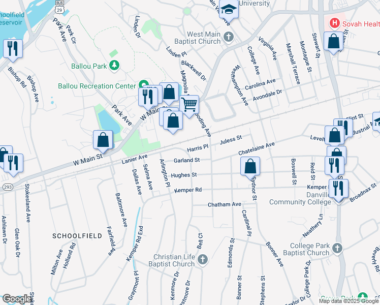 map of restaurants, bars, coffee shops, grocery stores, and more near 134 Harris Place in Danville