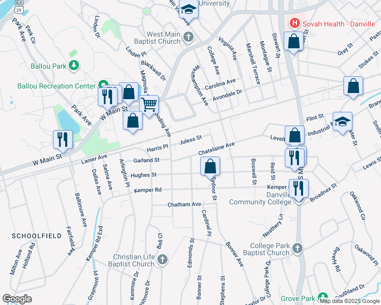 map of restaurants, bars, coffee shops, grocery stores, and more near 373 Juless Street in Danville