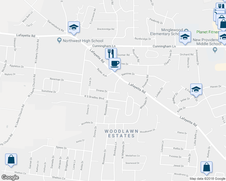 map of restaurants, bars, coffee shops, grocery stores, and more near 406 Judy Lynn Drive in Clarksville