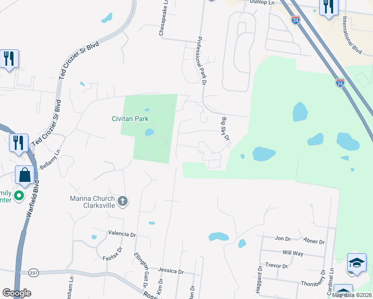 map of restaurants, bars, coffee shops, grocery stores, and more near 614 Snowshoe Lane in Clarksville