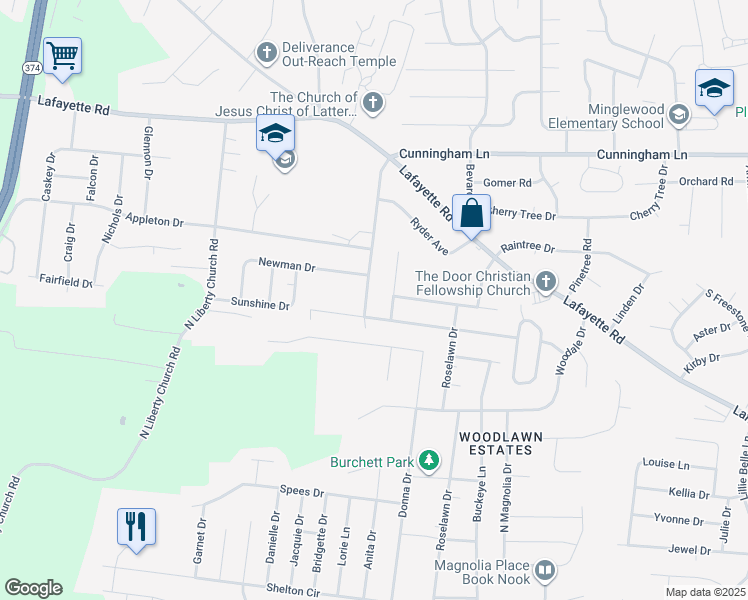 map of restaurants, bars, coffee shops, grocery stores, and more near 437 Cunningham Lane in Clarksville