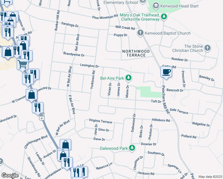 map of restaurants, bars, coffee shops, grocery stores, and more near 112 Vivian Drive in Clarksville