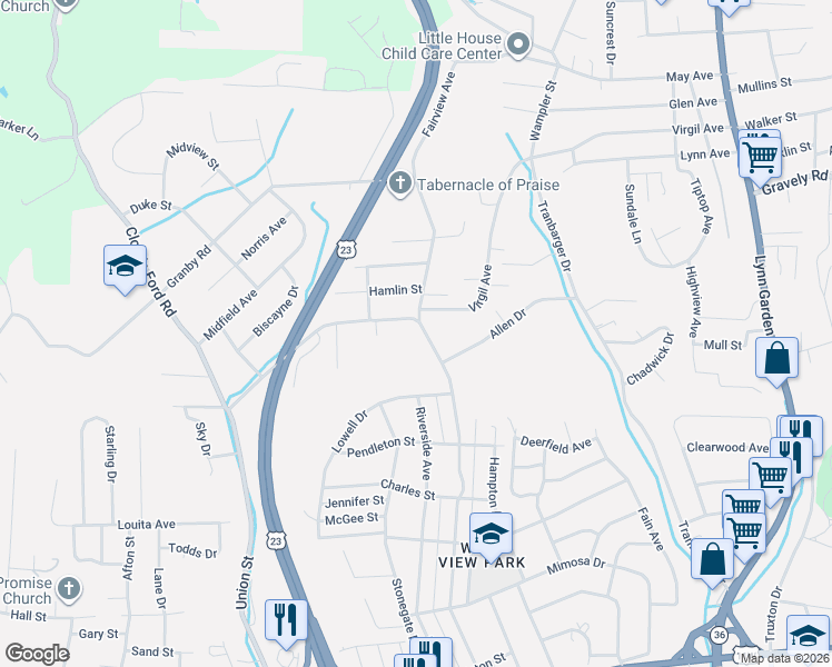 map of restaurants, bars, coffee shops, grocery stores, and more near 1600-1698 Fairview Ave in Kingsport