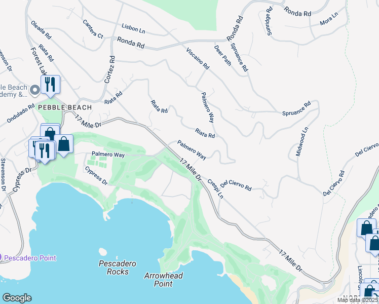 map of restaurants, bars, coffee shops, grocery stores, and more near 3200 Palmero Way in Del Monte Forest