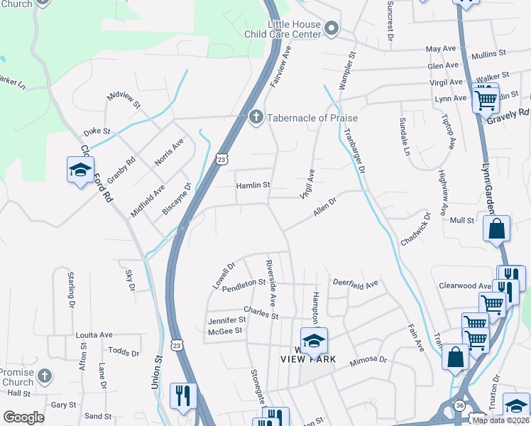 map of restaurants, bars, coffee shops, grocery stores, and more near 1600-1698 Fairview Ave in Kingsport