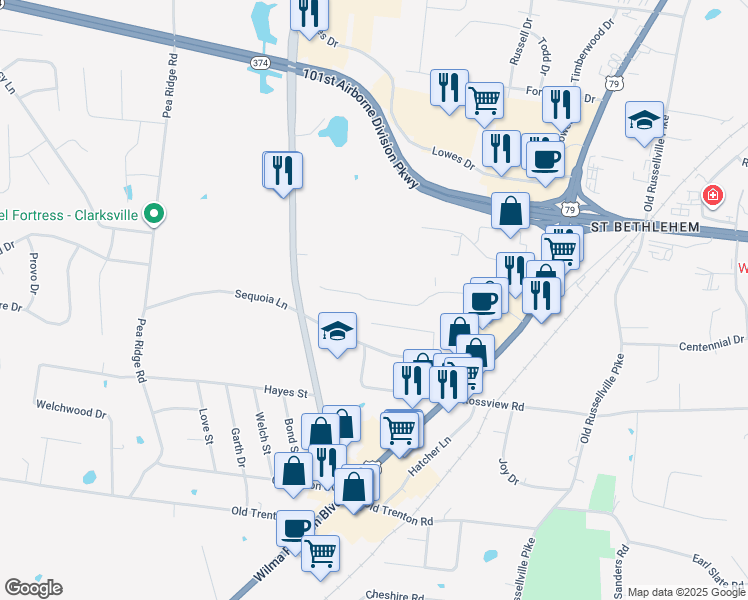 map of restaurants, bars, coffee shops, grocery stores, and more near 169 Center Pointe Drive in Clarksville