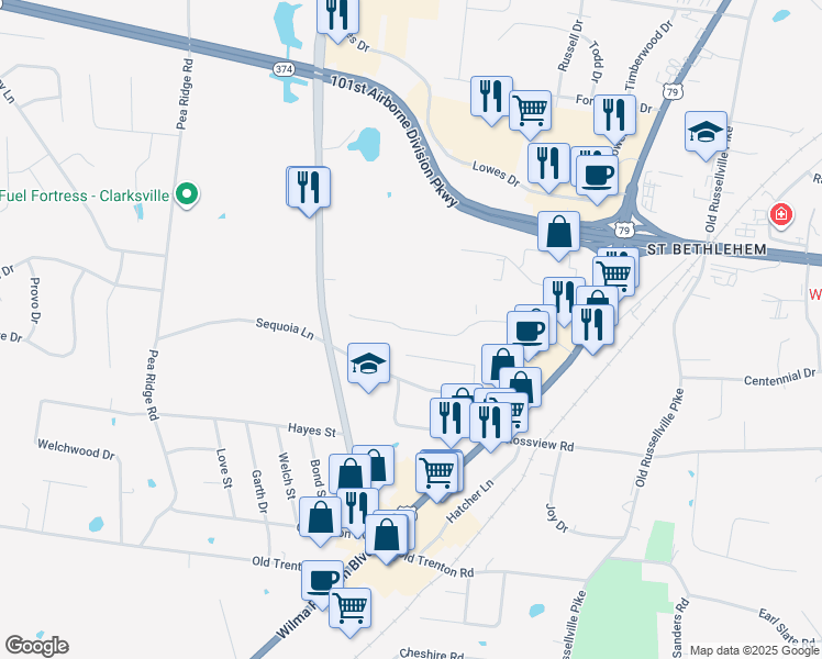 map of restaurants, bars, coffee shops, grocery stores, and more near 165 Center Pointe Drive in Clarksville