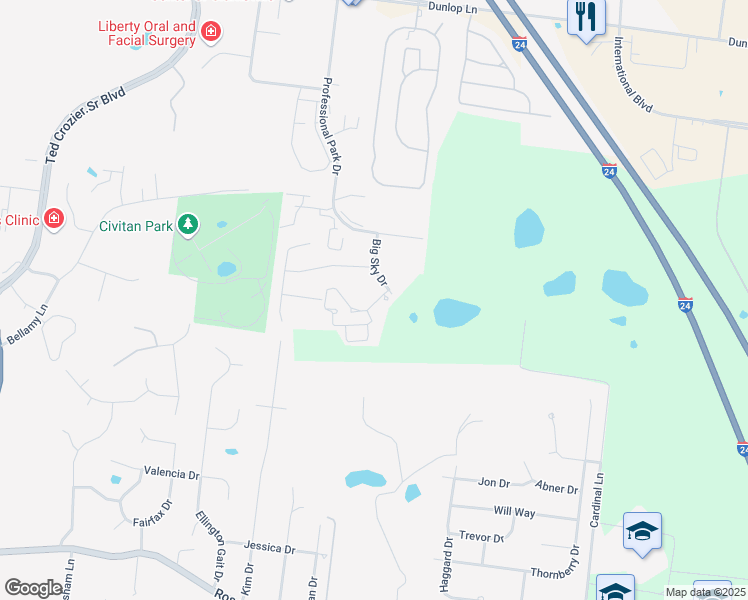 map of restaurants, bars, coffee shops, grocery stores, and more near 950 Big Sky Dr in Clarksville