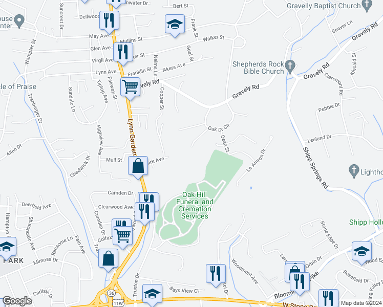 map of restaurants, bars, coffee shops, grocery stores, and more near 901 Dennison Street in Kingsport