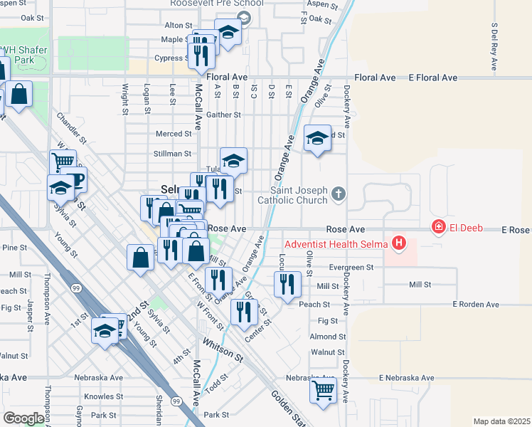 map of restaurants, bars, coffee shops, grocery stores, and more near 2446 C Street in Selma