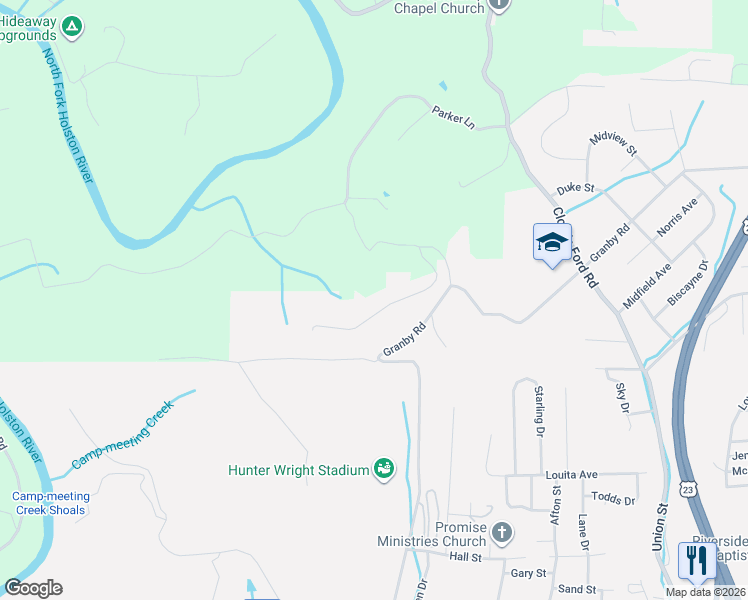 map of restaurants, bars, coffee shops, grocery stores, and more near 241 Parker Lane in Kingsport