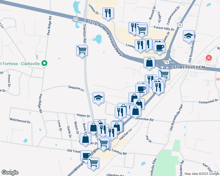 map of restaurants, bars, coffee shops, grocery stores, and more near 165 Center Pointe Drive in Clarksville