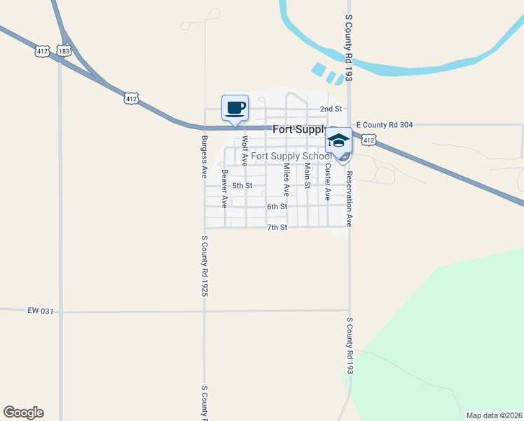 map of restaurants, bars, coffee shops, grocery stores, and more near 510 Sheridan Avenue in Fort Supply
