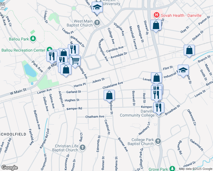 map of restaurants, bars, coffee shops, grocery stores, and more near 344 Chatelaine Avenue in Danville