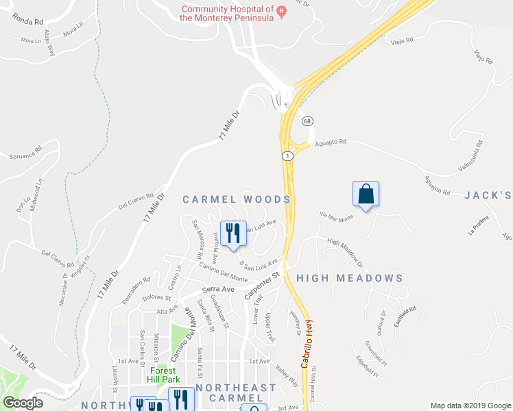 map of restaurants, bars, coffee shops, grocery stores, and more near 24320 San Pedro Lane in Carmel-by-the-Sea