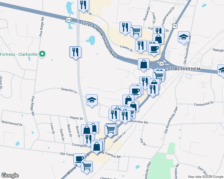 map of restaurants, bars, coffee shops, grocery stores, and more near 136 Center Pointe Drive in Clarksville