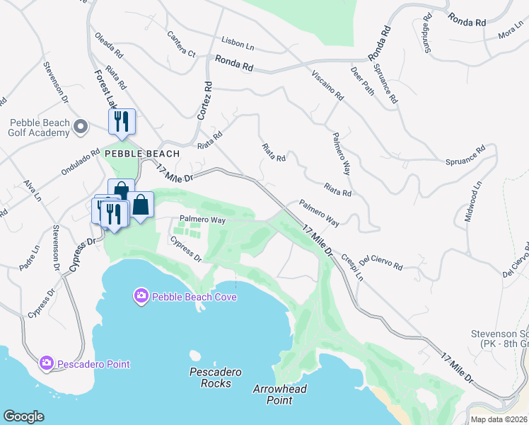 map of restaurants, bars, coffee shops, grocery stores, and more near 1535 Palmero Way in Del Monte Forest