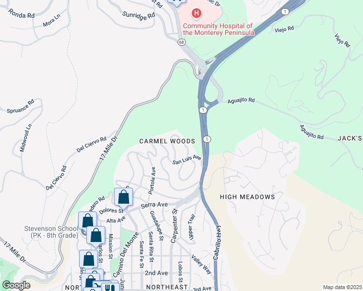 map of restaurants, bars, coffee shops, grocery stores, and more near 24320 San Pedro Lane in Carmel-by-the-Sea