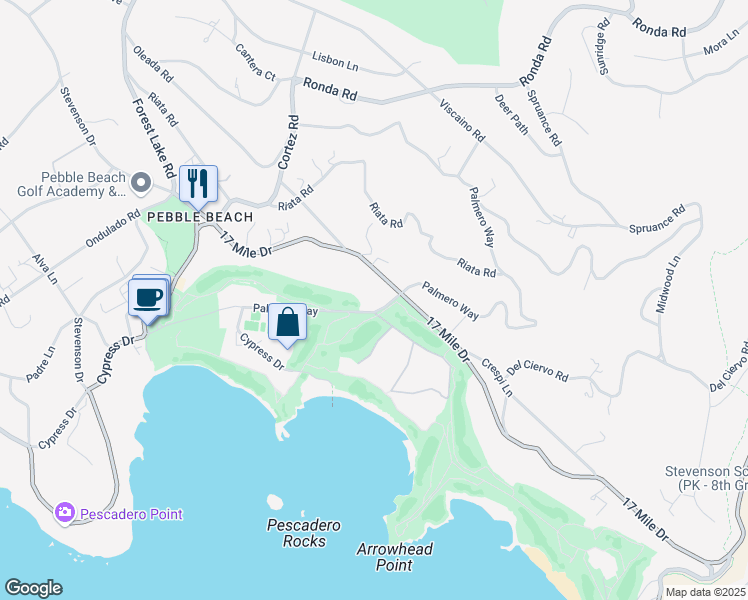 map of restaurants, bars, coffee shops, grocery stores, and more near 1535 Palmero Way in Del Monte Forest