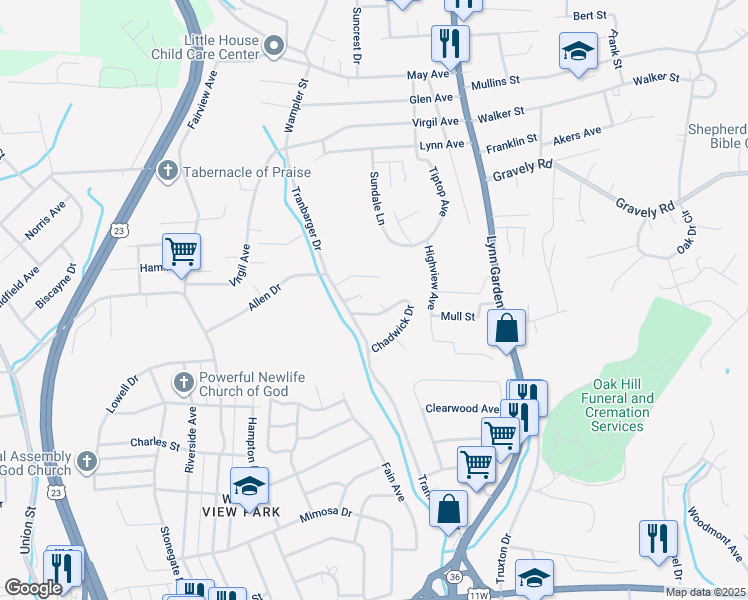 map of restaurants, bars, coffee shops, grocery stores, and more near 1021 Carrington Court in Kingsport
