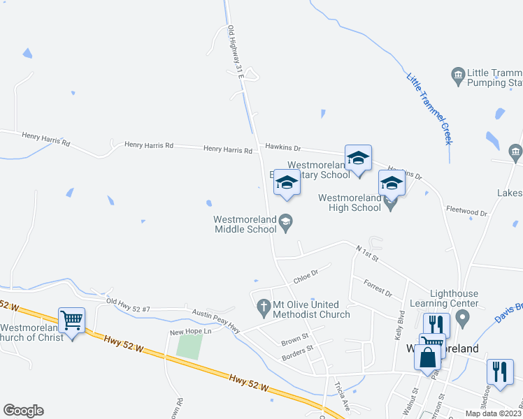map of restaurants, bars, coffee shops, grocery stores, and more near 2127 Old Highway 31 East in Westmoreland