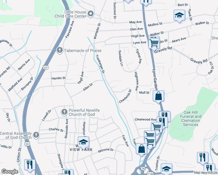 map of restaurants, bars, coffee shops, grocery stores, and more near 1200 Tranbarger Drive in Kingsport
