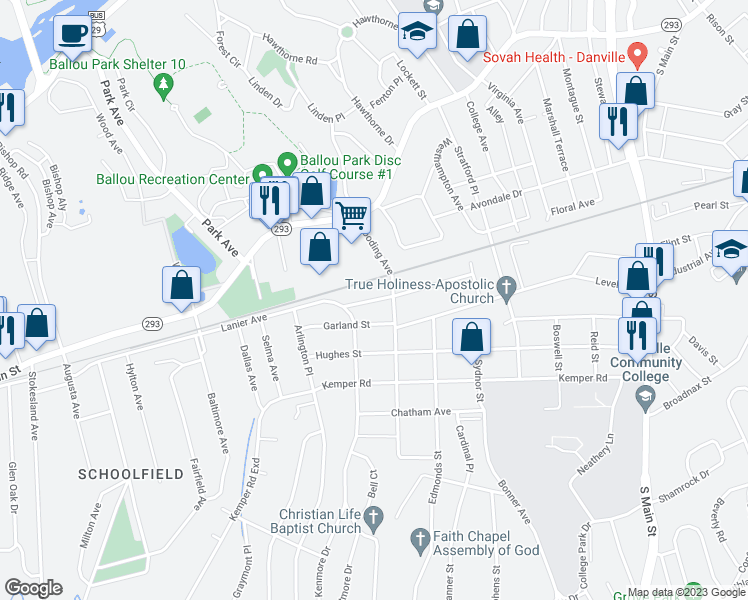 map of restaurants, bars, coffee shops, grocery stores, and more near 112 Harris Place in Danville