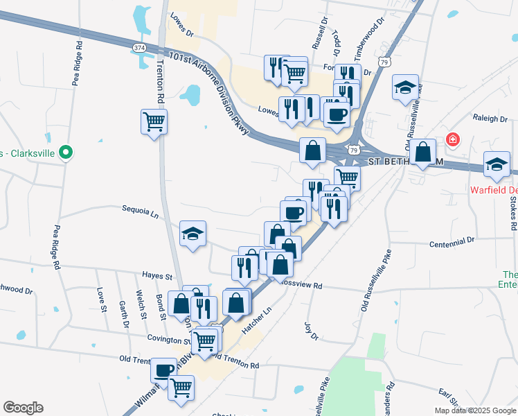 map of restaurants, bars, coffee shops, grocery stores, and more near 153 Center Pointe Drive in Clarksville