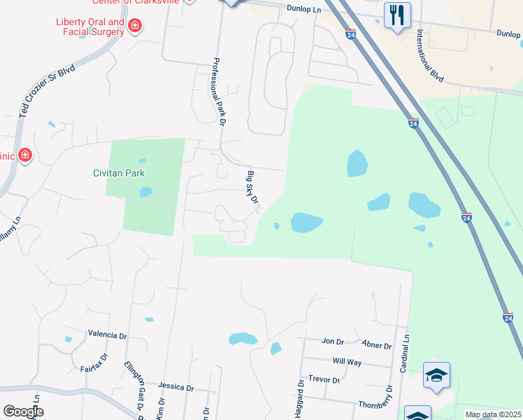 map of restaurants, bars, coffee shops, grocery stores, and more near 955 Big Sky Drive in Clarksville