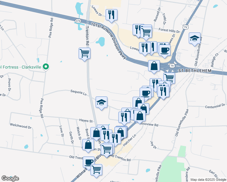 map of restaurants, bars, coffee shops, grocery stores, and more near 165 Center Pointe Drive in Clarksville