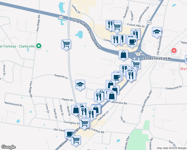 map of restaurants, bars, coffee shops, grocery stores, and more near 157 Center Pointe Drive in Clarksville