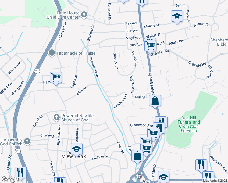 map of restaurants, bars, coffee shops, grocery stores, and more near 1021 Carrington Court in Kingsport