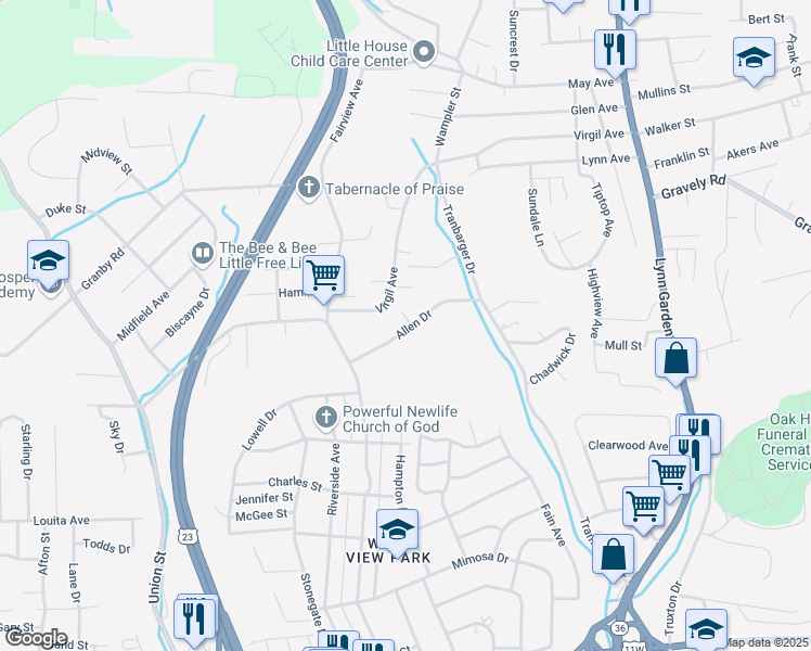 map of restaurants, bars, coffee shops, grocery stores, and more near 450 Allen Drive in Kingsport