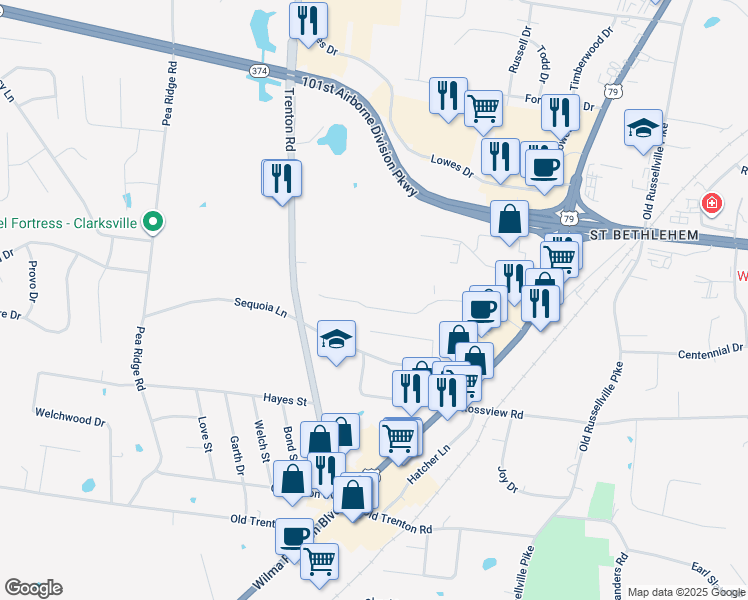 map of restaurants, bars, coffee shops, grocery stores, and more near 165 Center Pointe Drive in Clarksville
