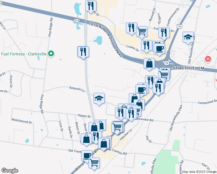 map of restaurants, bars, coffee shops, grocery stores, and more near 165 Center Pointe Drive in Clarksville