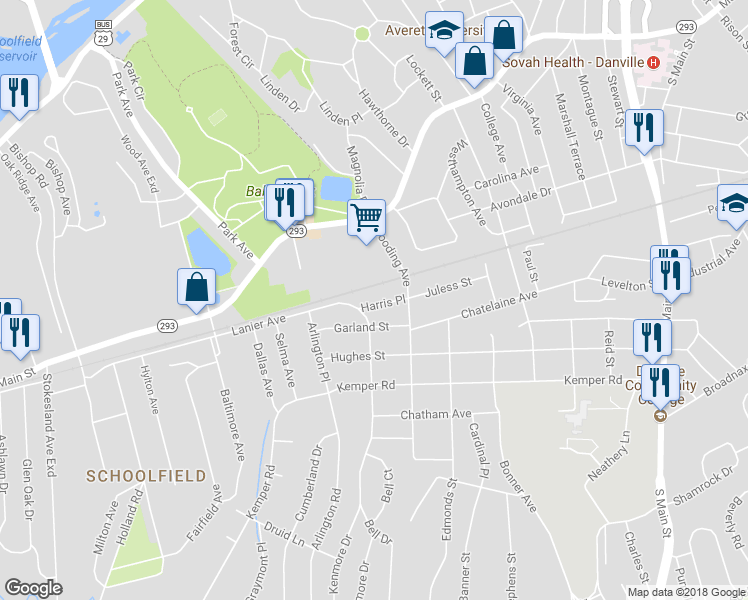 map of restaurants, bars, coffee shops, grocery stores, and more near 134 Harris Place in Danville