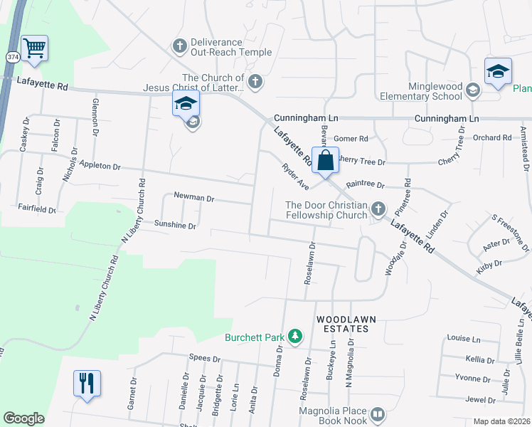 map of restaurants, bars, coffee shops, grocery stores, and more near 437 Cunningham Lane in Clarksville