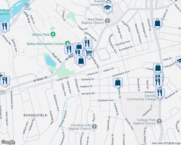 map of restaurants, bars, coffee shops, grocery stores, and more near 134 Harris Place in Danville