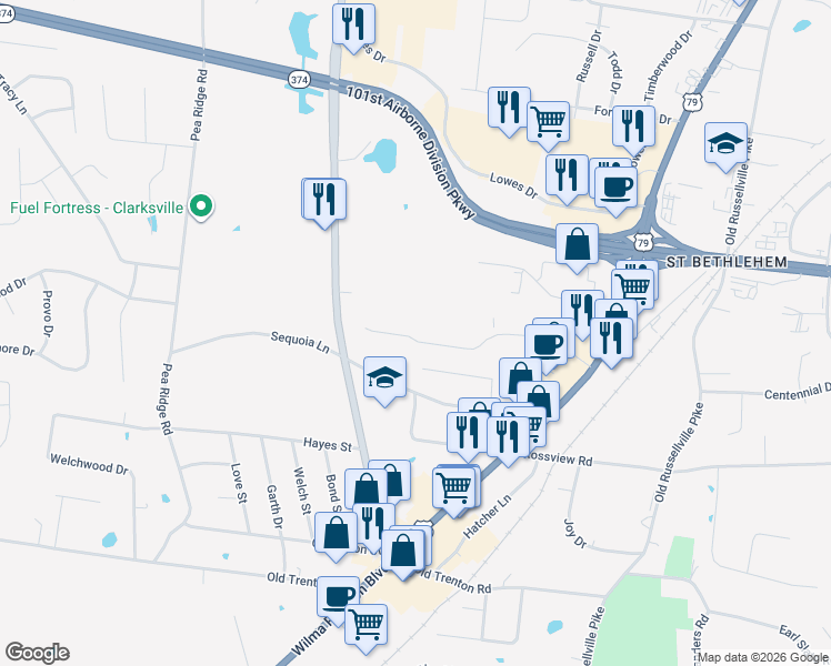 map of restaurants, bars, coffee shops, grocery stores, and more near 169 Center Pointe Drive in Clarksville