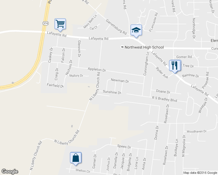 map of restaurants, bars, coffee shops, grocery stores, and more near 441 Newman Drive in Clarksville