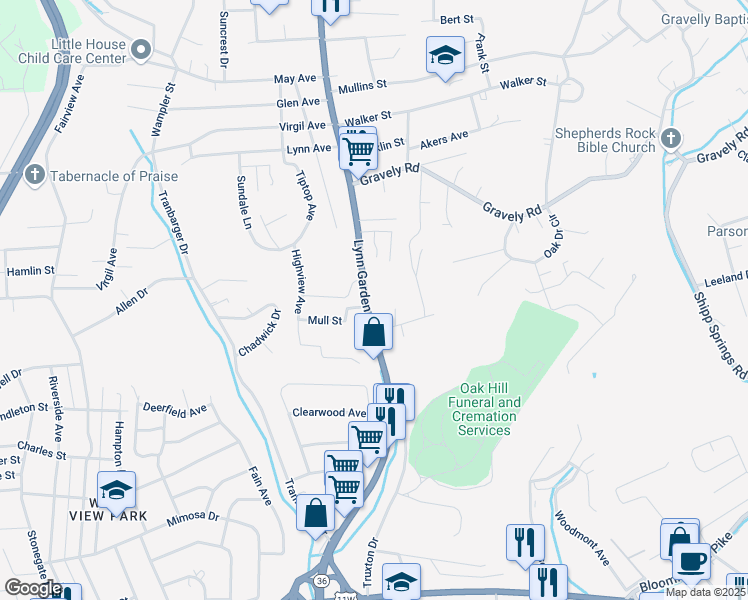 map of restaurants, bars, coffee shops, grocery stores, and more near 945 Lynn Garden Drive in Kingsport